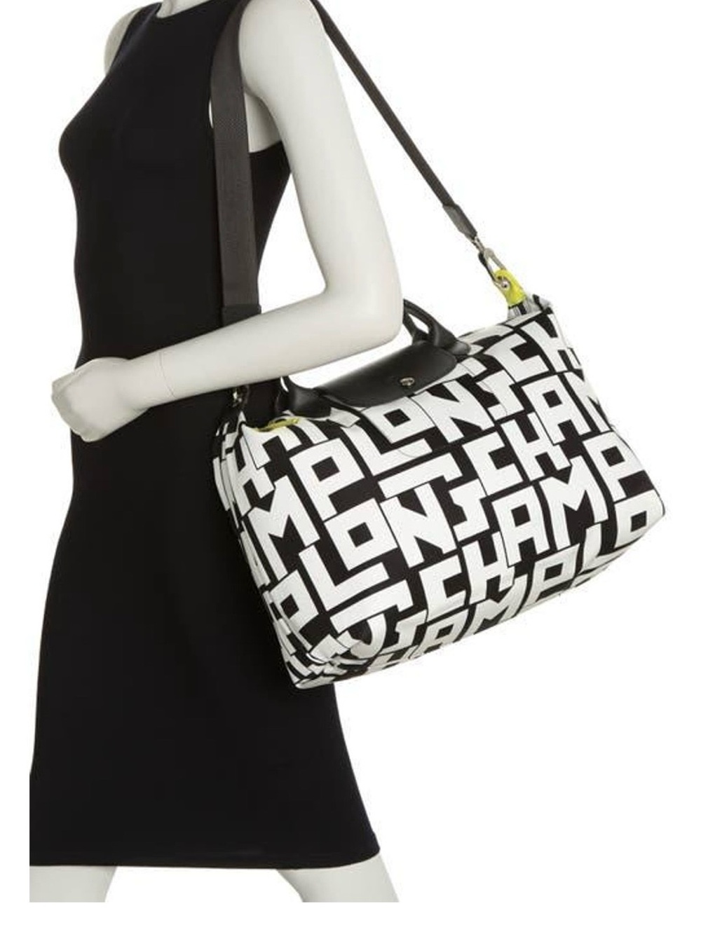Longchamp Black & White Logo Tote with Removable Strap